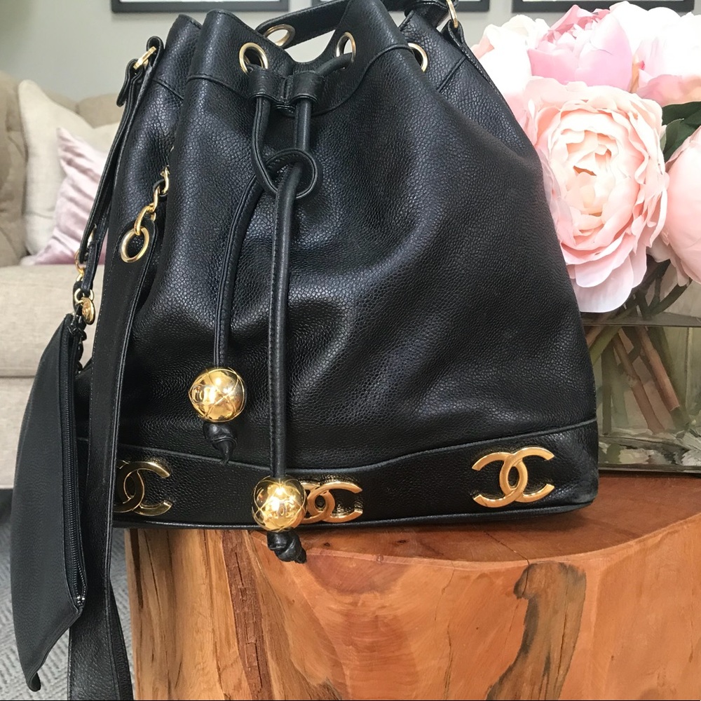 CHANEL Black Caviar Drawstring with makeup bag
